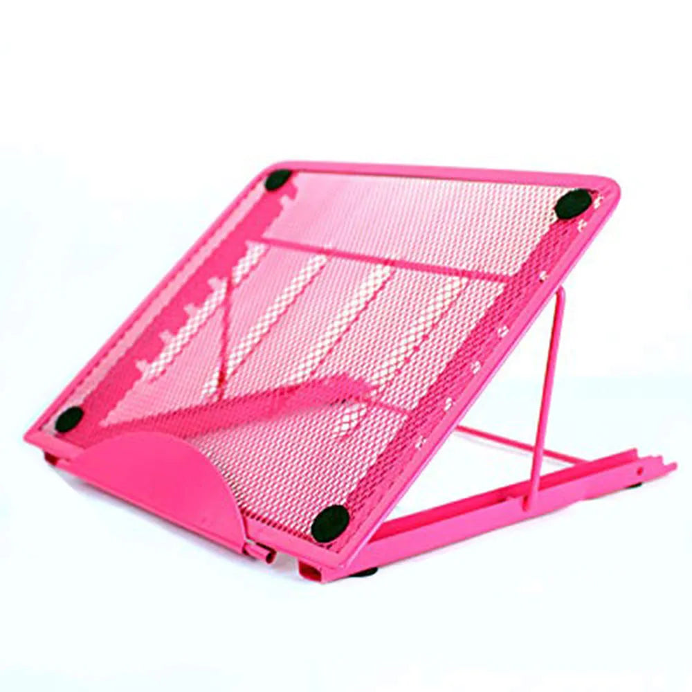 A bright pink ventilated metal mesh stand designed to hold drawing tablets, light pads, or laptops.
