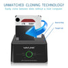 A black WAVLINK USB 3.0 Dual Bay Docking Station is shown with a 2TB SSD inserted, demonstrating unmatched cloning technology