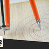 An adjustable woodworking marking compass with an orange pencil holder is shown marking concentric circles on a wooden surfac