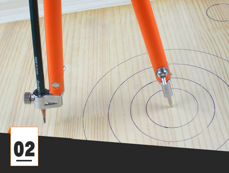 An adjustable woodworking marking compass with an orange pencil holder is shown marking concentric circles on a wooden surfac