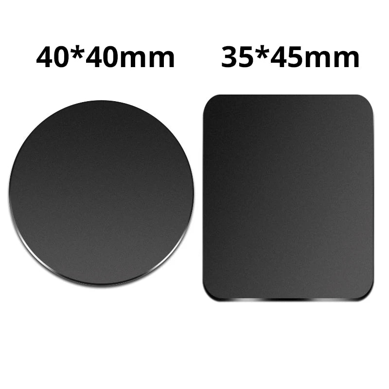 Two black magnetic mount plates, one round 40x40mm and one square 35x45mm.