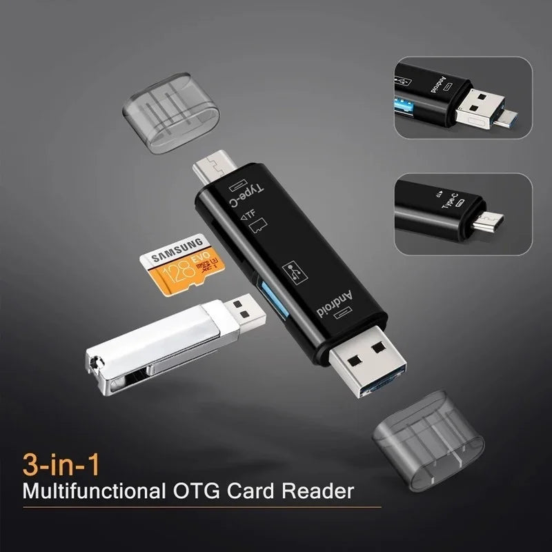 A 3-in-1 multifunctional OTG card reader featuring USB, Type-C, and Micro USB ports.