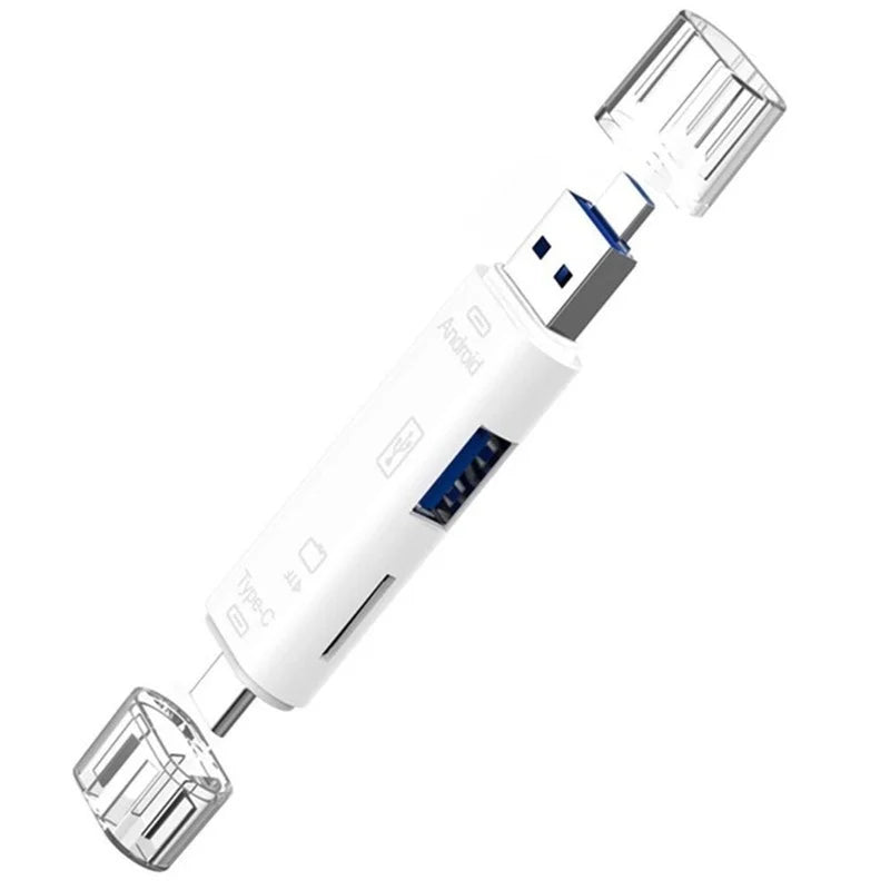 A white 5-in-1 OTG card reader with USB, Type-C, and Micro USB ports attached to a connector.