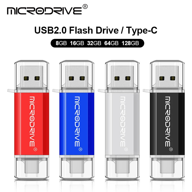 صف من محركات أقراص فلاش MicroDrive USB 2.0 بألوان أحمر وأزرق وفضي وأسود.