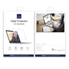 A package of WiWU Vista Protector HD clear screen protectors for MacBook devices is shown with usage examples.