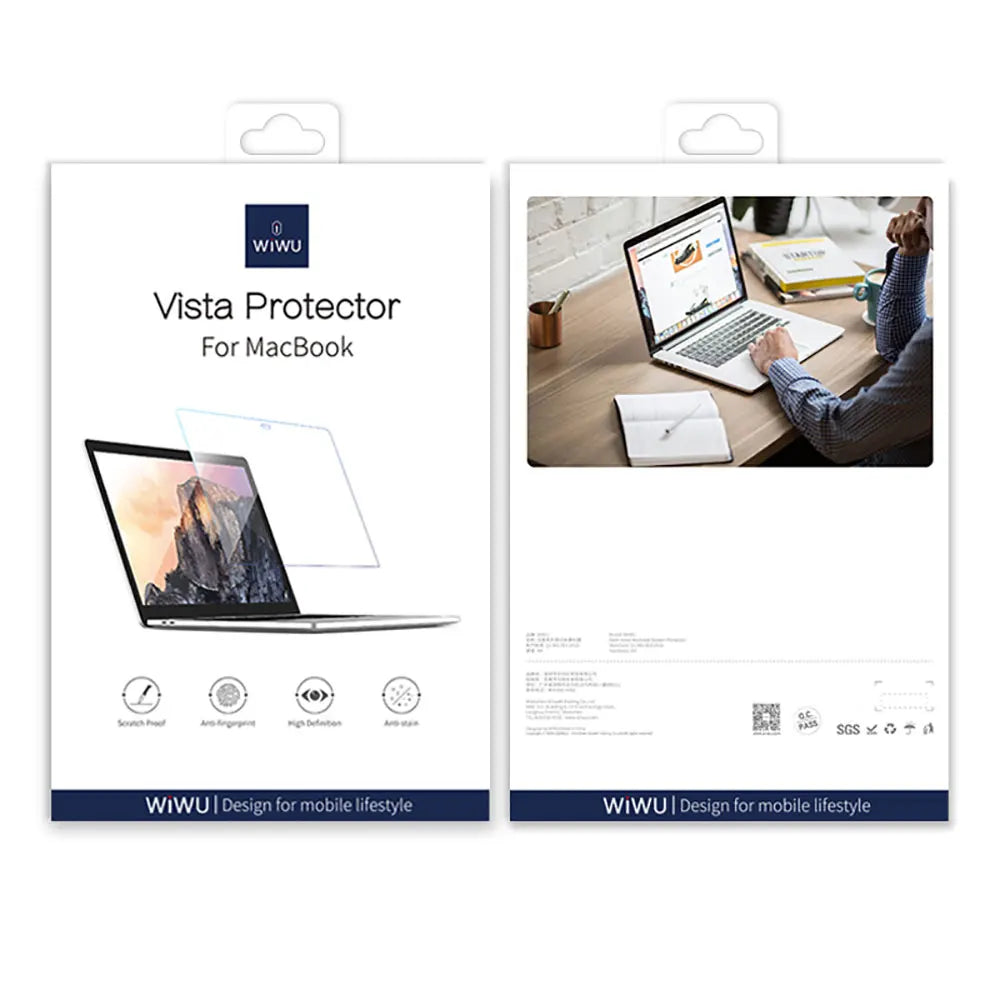 A package of WiWU Vista Protector HD clear screen protectors for MacBook devices is shown with usage examples.
