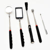 A magnetic LED flashlight with a telescoping grip and a circular mirror are displayed on a white background.