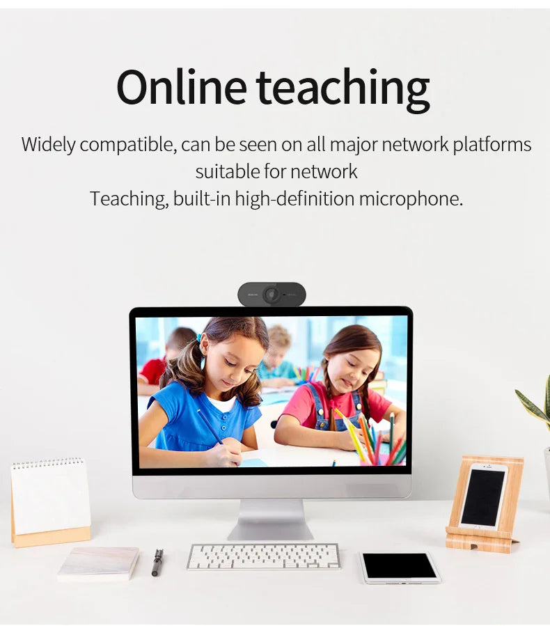 A computer monitor displaying an online teaching interface, featuring a 1080P HD webcam with a built-in microphone.
