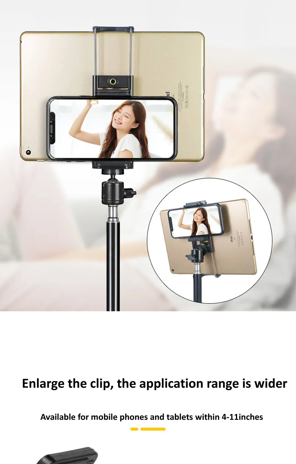 A gold-colored adjustable tripod mount for a smartphone or tablet, featuring a clamp and a flexible arm.
