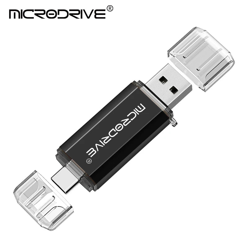 محرك فلاش (MicroDrive) أسود متعدد الاستخدامات OTG مع موصلات بلاستيكية شفافة، يُعرض من الأعلى.