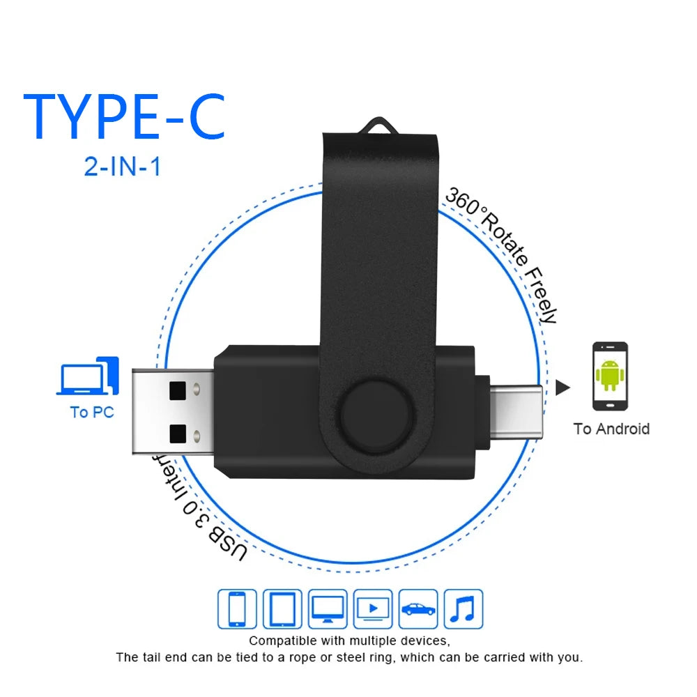Black Type-C 2-in-1 adapter for connecting a PC and Android device, featuring a rotatable tail end.