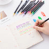 A hand holds a set of twelve colored glitter gel pens arranged diagonally on a white background.
