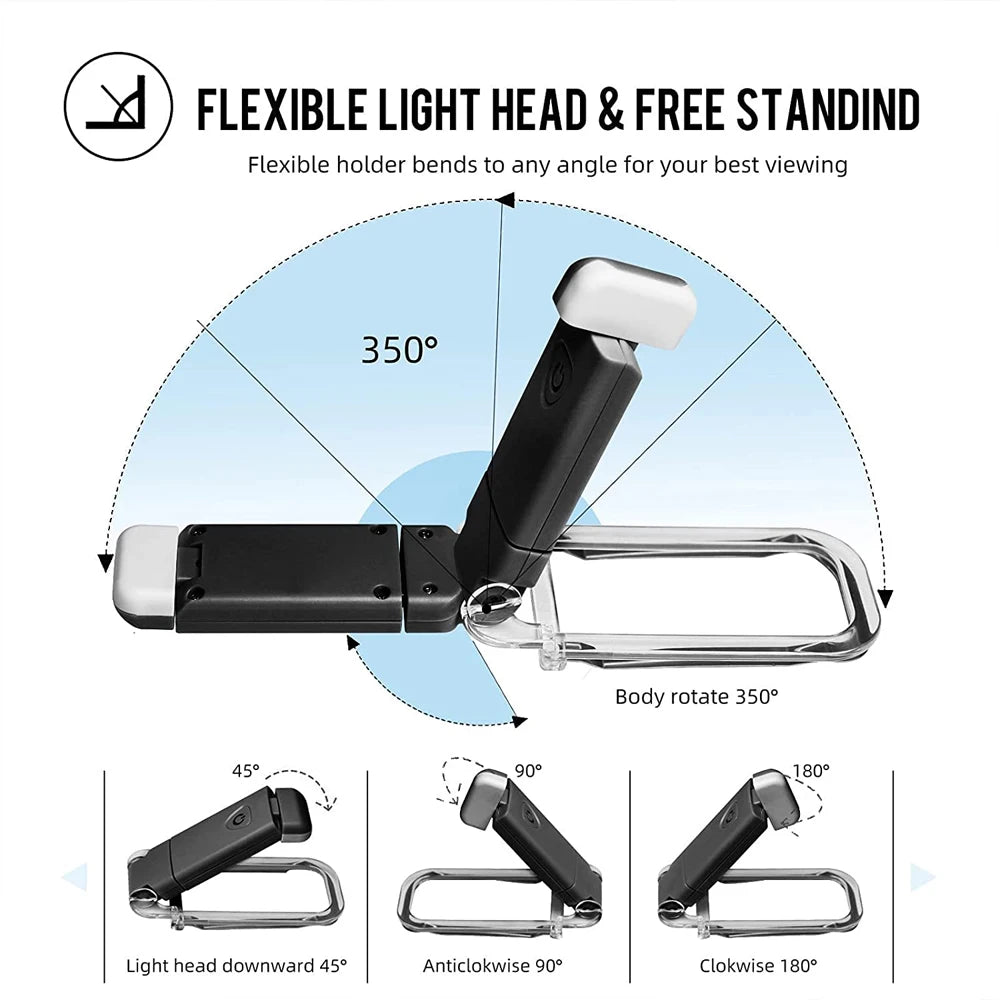 Flexible light head and free stand product demonstrating various viewing angles and body rotation capabilities.