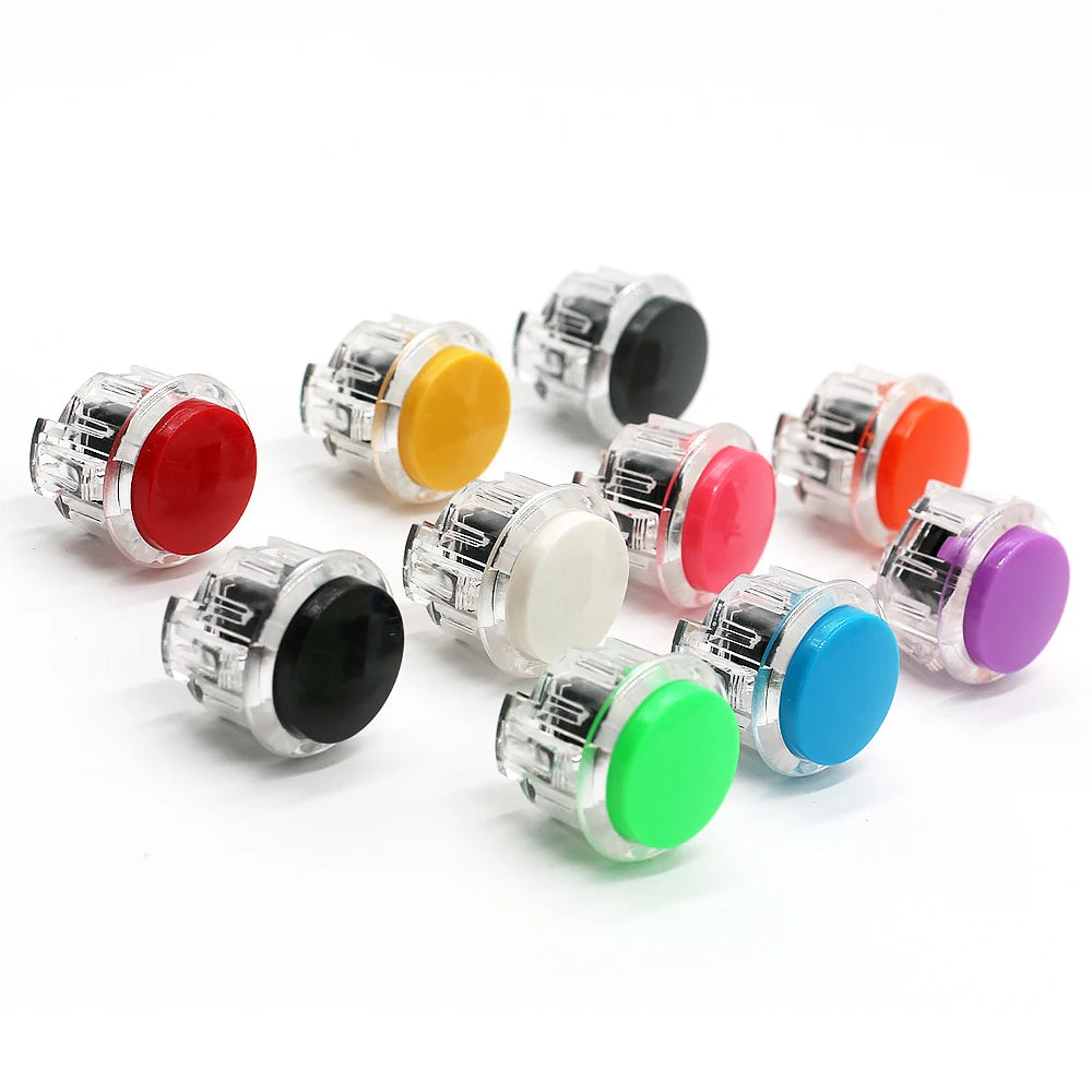 A collection of colorful arcade push button game switches in various colors like red, yellow, green, and purple.