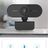 A black HD computer camera webcam with a rotating base and features like auto focus and 1080P resolution.