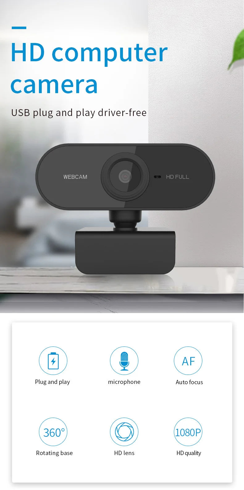 A black HD computer camera webcam with a rotating base and features like auto focus and 1080P resolution.