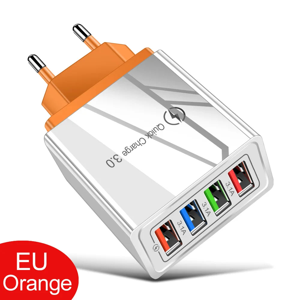 An EU orange 4-port fast charging wall adapter with multiple output ports.