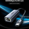A silver USB3.0 to RJ45 Gigabit Ethernet Adapter cable and connector.