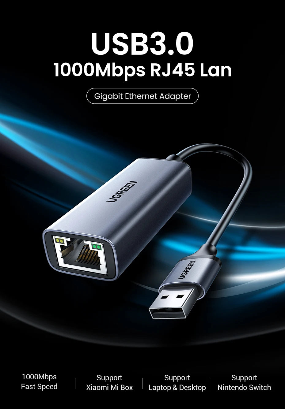 A silver USB3.0 to RJ45 Gigabit Ethernet Adapter cable and connector.