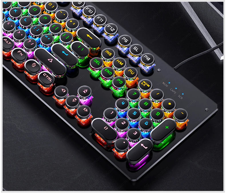 A close-up view of a retro punk mechanical keyboard with colorful keycaps and various function keys.