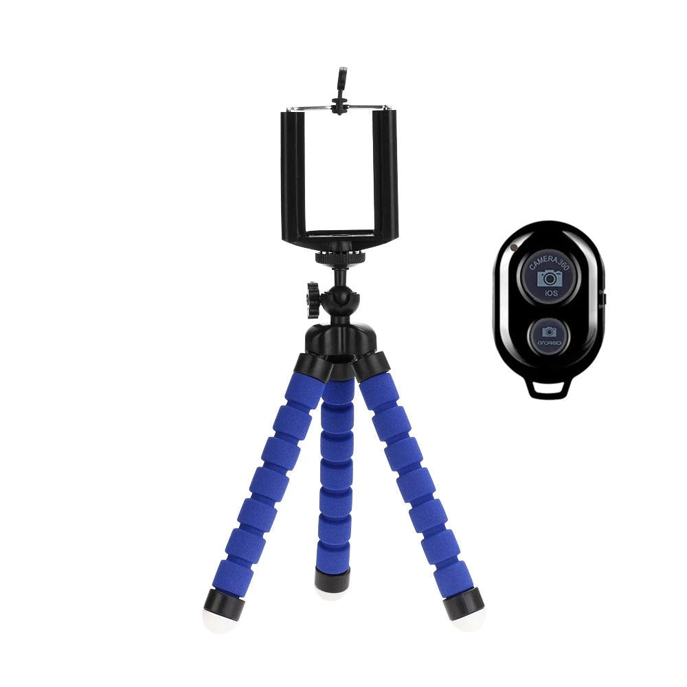 Black flexible mini tripod with a phone clip, featuring blue shockproof legs.