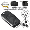 A realistic fake car key hidden compartment container shown with various key types and a stylized graphic.