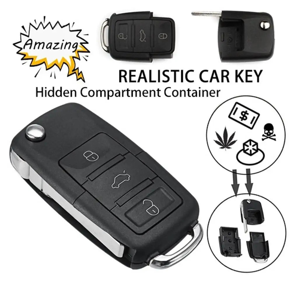 A realistic fake car key hidden compartment container shown with various key types and a stylized graphic.