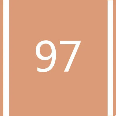 A close-up of a white number 97 centered on a solid terracotta background.