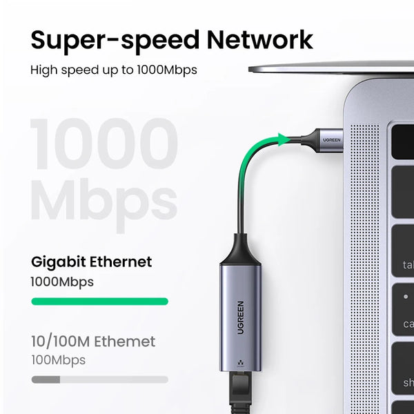 A silver USB to Gigabit Ethernet adapter cable connecting a device to a computer port.