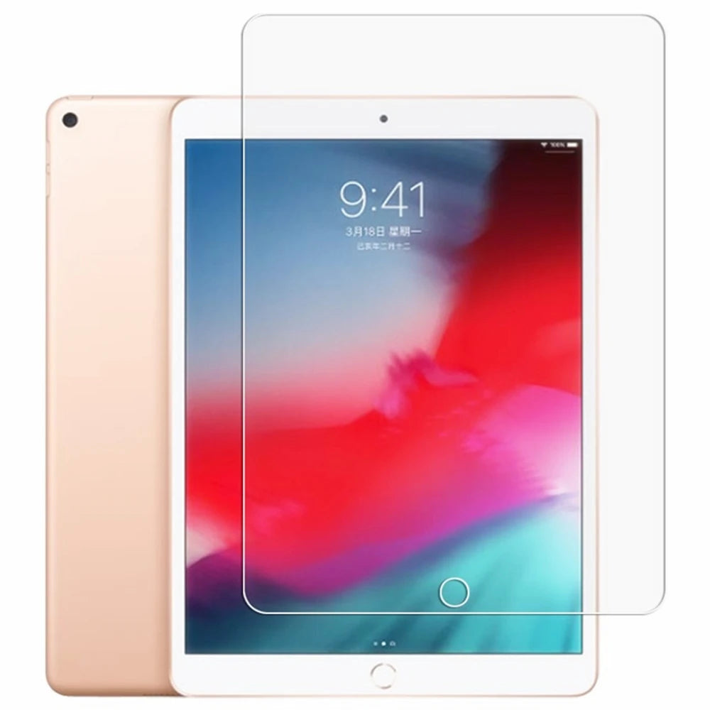 A pink iPad screen protector and a clear tempered glass screen protector are shown together.