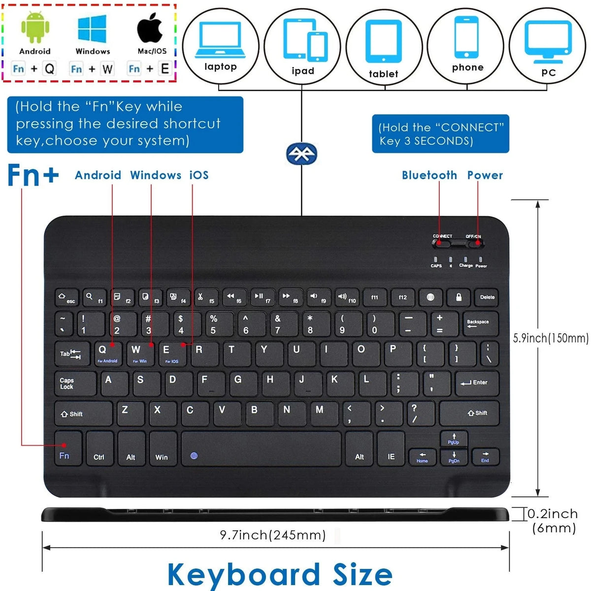 A black Bluetooth keyboard cover designed for tablets, showing various computer operating systems compatibility.