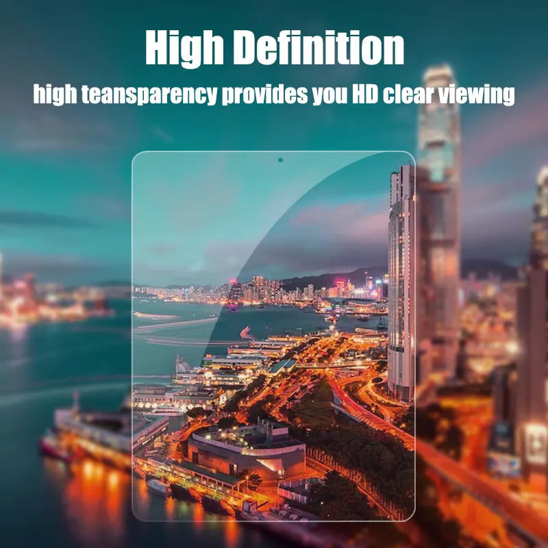 A high-definition view of a city skyline and waterfront captured through a transparent screen protector.