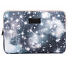 A laptop sleeve featuring a dark space nebula design with bright white and blue stars.