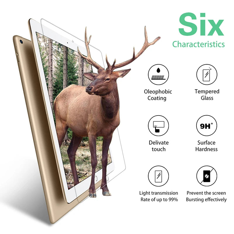 A golden-colored tablet displaying a deer image, highlighting six characteristics of the tempered glass screen protector.