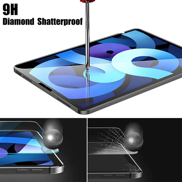 A close-up view of a diamond shatterproof screen protector being applied to an iPad Pro display.