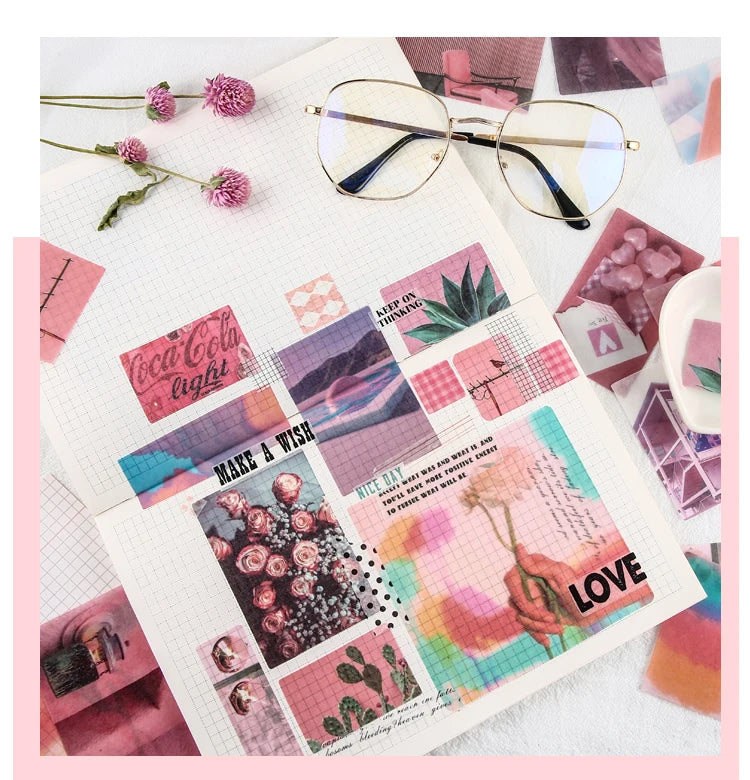 A collection of pink and purple butterfly wings PET stickers for scrapbooking and journaling displayed on a white paper.