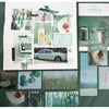 A collage of green and white watercolor elements, including a vintage car, flowers, and text like Cheer.