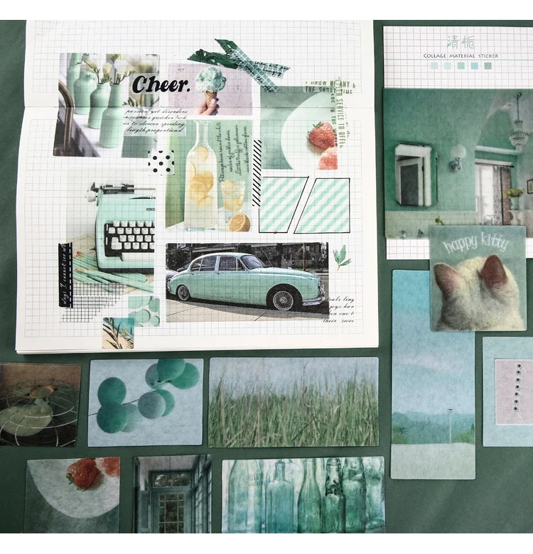 A collage of green and white watercolor elements, including a vintage car, flowers, and text like Cheer.