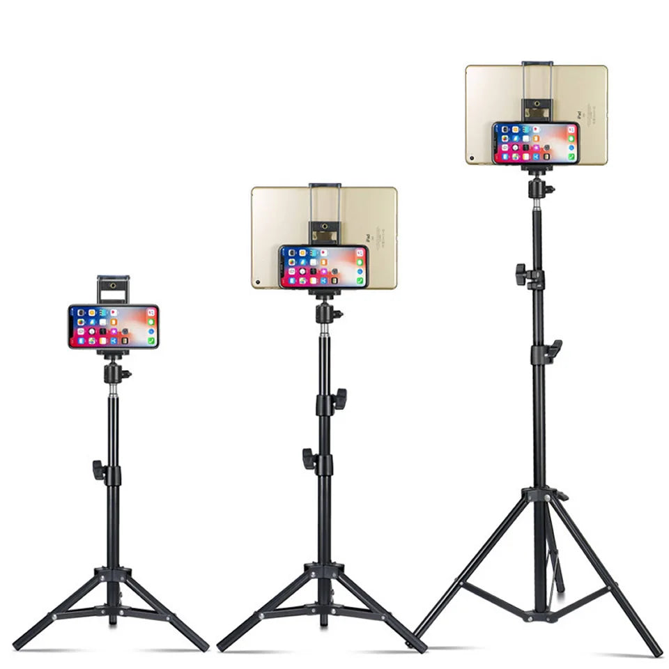 A black adjustable tripod mount for phones and tablets, shown in various configurations.