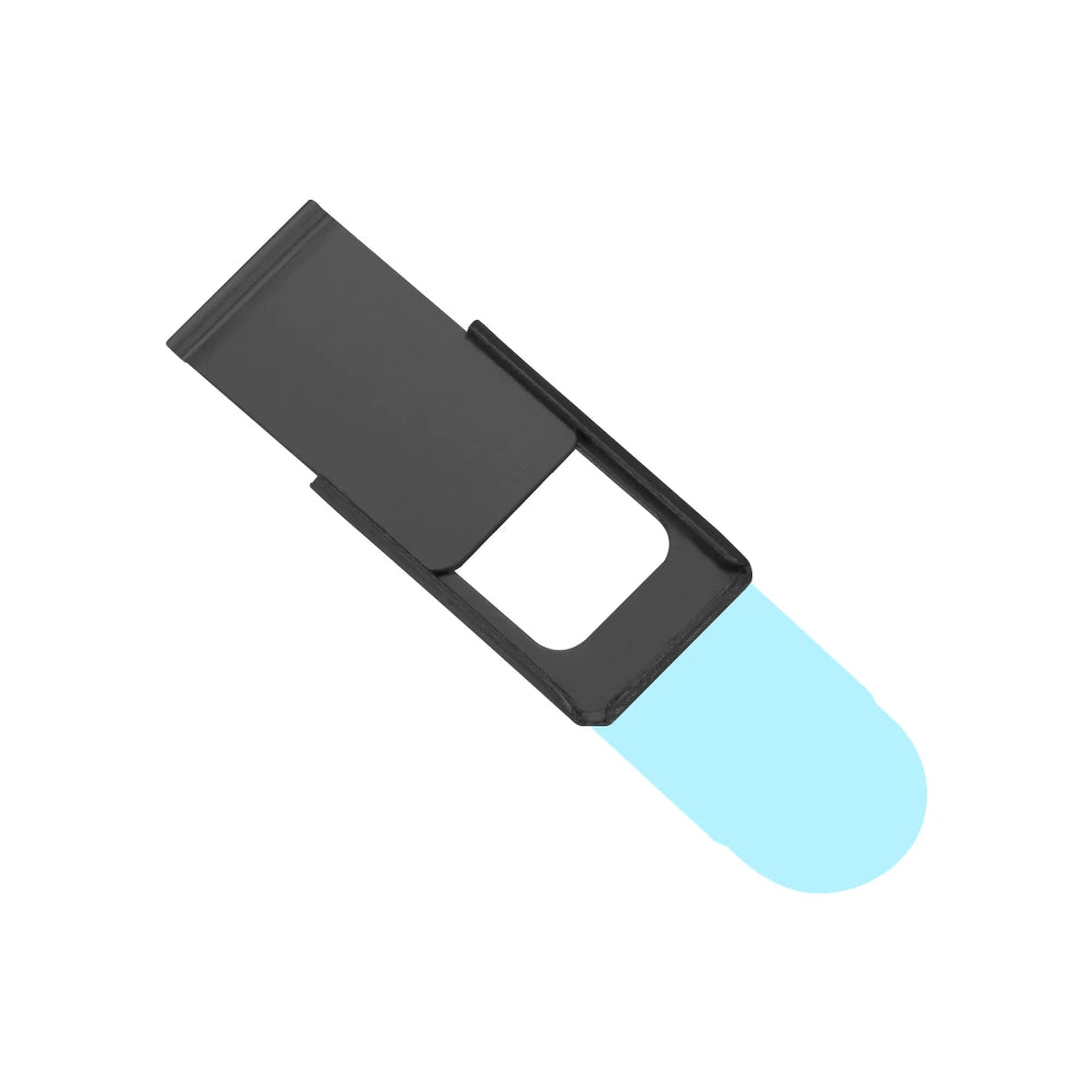 A black magnetic privacy cover for a webcam, shown with a translucent blue light emitting from the bottom.