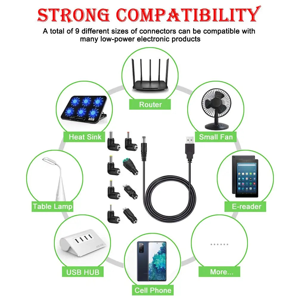 Colección de nueve conectores y cables de diferentes tamaños, demostrando gran compatibilidad para productos electrónicos de 