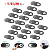 A set of 20 black privacy sliding camera covers for laptops and devices shown with open, slide, and closed views.