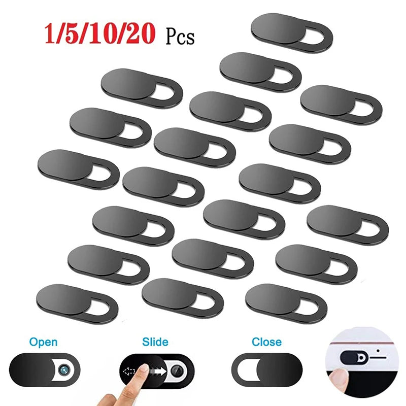 A set of 20 black privacy sliding camera covers for laptops and devices shown with open, slide, and closed views.