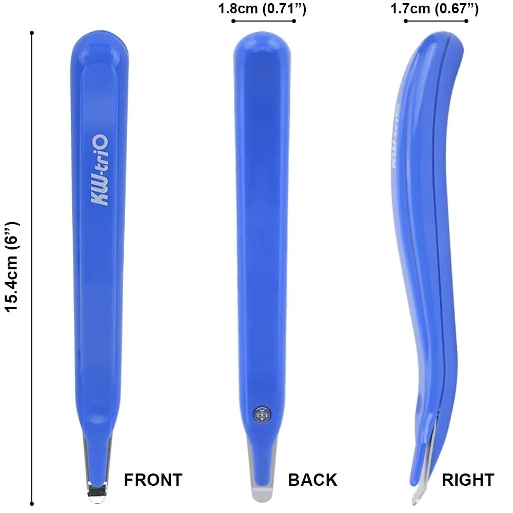 A blue magnetic staple remover tool shown from the front, back, and right angles.