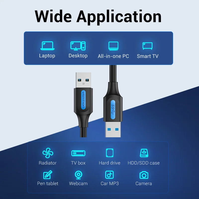 A black USB 3.0 male to male extension cable is shown with various device icons indicating wide application.