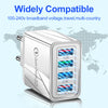 Silver 4-port fast charging wall adapter with multiple output ports for broadband voltage devices