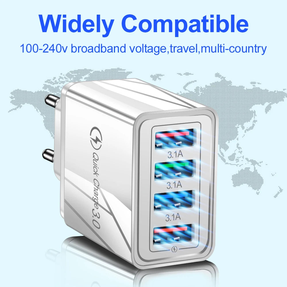 Silver 4-port fast charging wall adapter with multiple output ports for broadband voltage devices