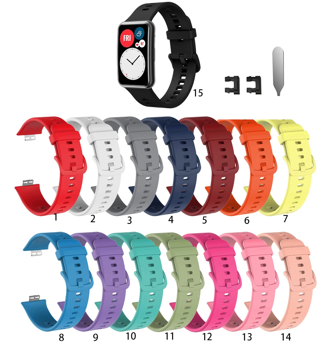 Eine Sammlung von Silikonarmbändern in verschiedenen Farben und Stilen für Huawei Fitness-Tracker.