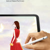 A hand uses a stylus on an iPad screen displaying a woman in a red dress, demonstrating high touch sensitivity.