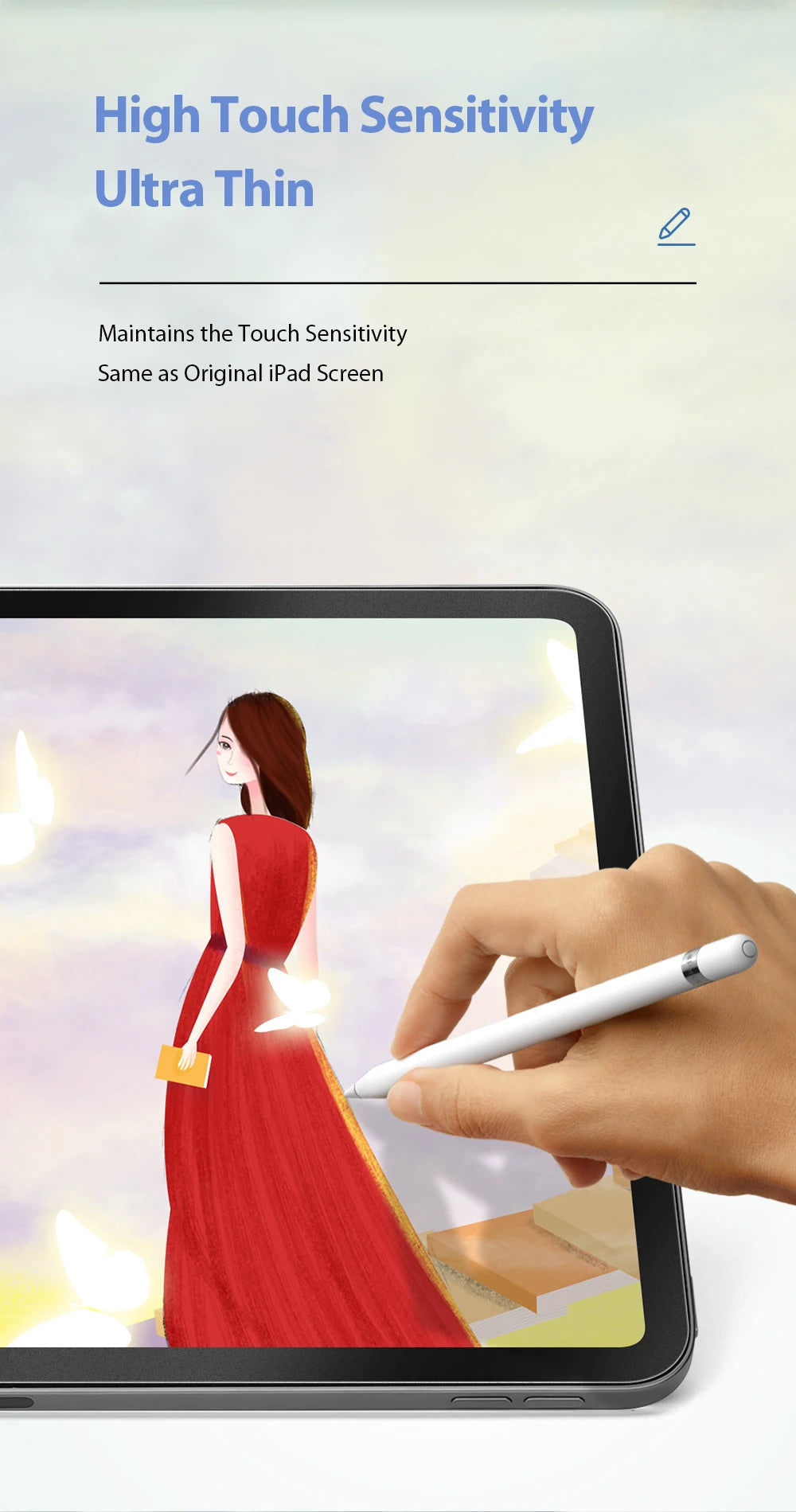 A hand uses a stylus on an iPad screen displaying a woman in a red dress, demonstrating high touch sensitivity.
